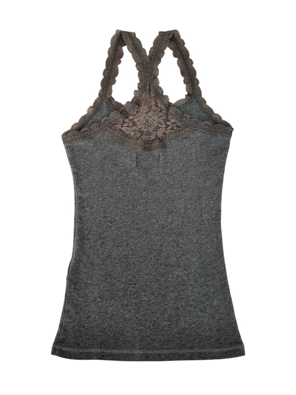 Vintage Y2K Abercrombie Gray Lace Trim Cotton Ribbed Tank Top - Picture 2 of 4